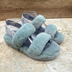 Ugg Fluff Slide Slippers Womens 7 Light Blue Oh Yeah Elastic Strap Sheep Skin